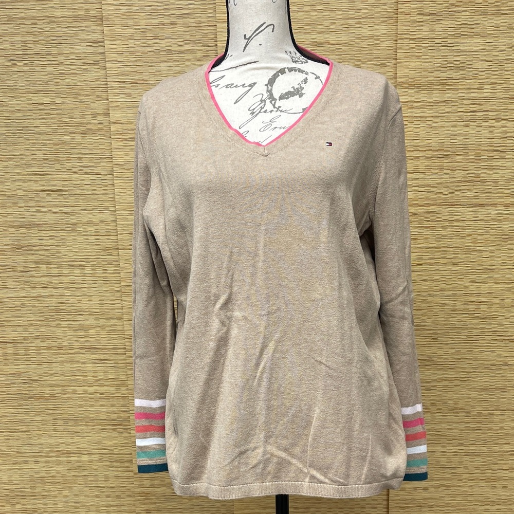 Tommy Hilfiger Beige V-Neck Sweater with Pink and Teal Accents